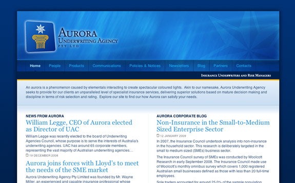 Aurora Underwriting Agency Pty Ltd's Home Page (Upper)